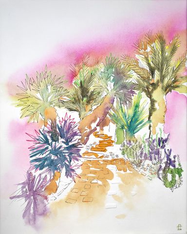 Aquarelle jardin Pape Clement à Pessac avec couleurs fluoo