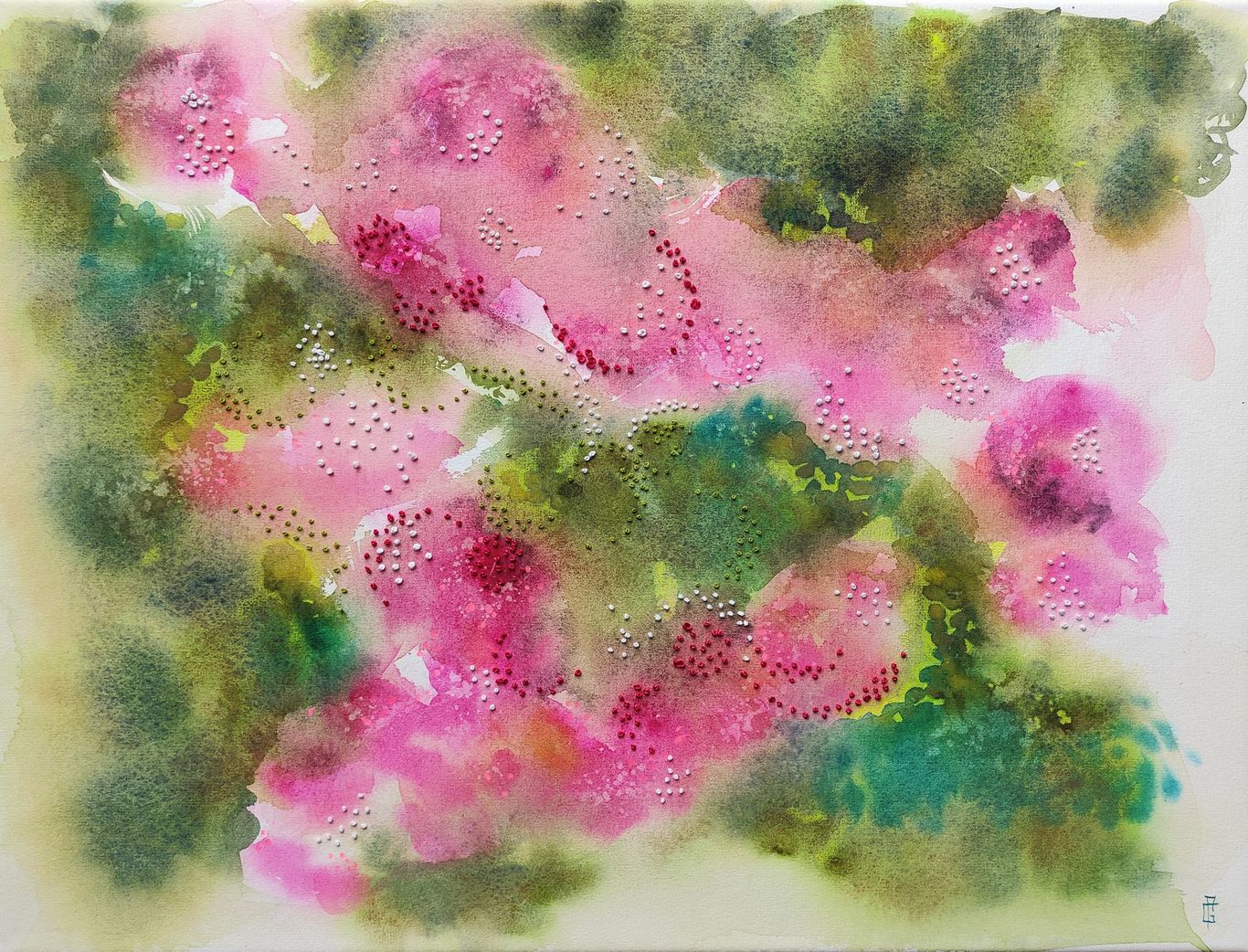 Œuvre contemporaine “Sakura”, en aquarelle et broderie sur papier, inspirée par la floraison précoce des cerisiers 
