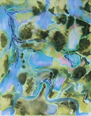 Represente un tableau Aquerelle des esteys du bassin d'Arcachon vert bleu avec des broderies 