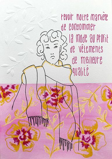 illustration décrivant la slow fashion avec un trace de femme et des fleurs 