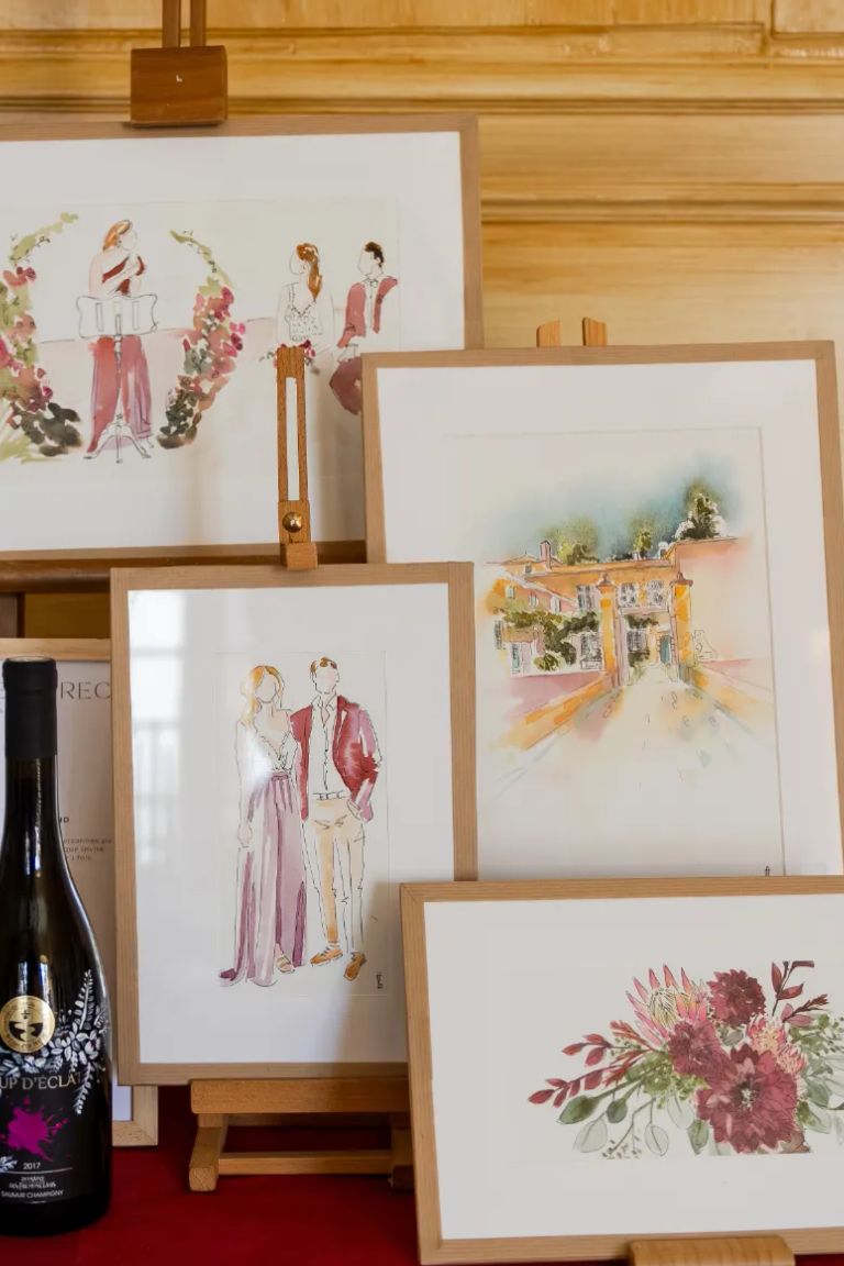 Aquarelles originales inspirées d'un mariage, présentées sous forme de collection d'œuvres personnalisées à conserver.