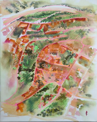 Vue de haut d'une ville carte aquarelle et broderie orange et verte