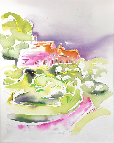 Aquarelle jardin de marqueyssac, avec des couleurs fluo et de la broderie