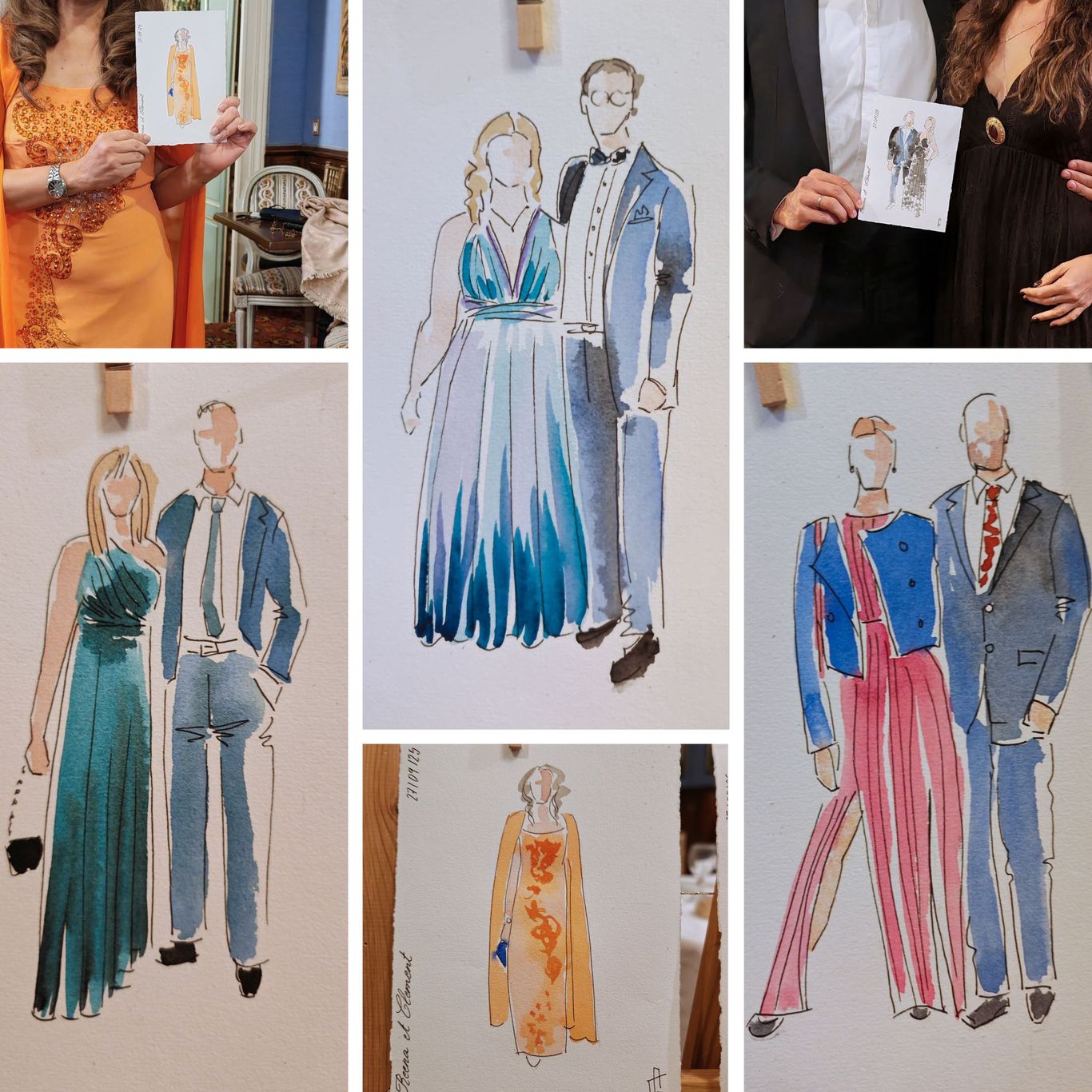 Portraits d’invités peints à l’aquarelle en direct pendant un mariage dans la région de Bordeaux.