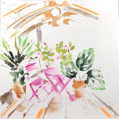 aquarelle d'un Patio avec des plantes vertes une table et chaise rose