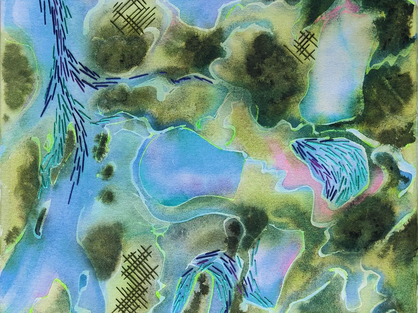 Tableau contemporain à l’aquarelle et broderie. Un paysage quotidien en transformation, œuvre d’art sensible sur la mémoire des  territoires