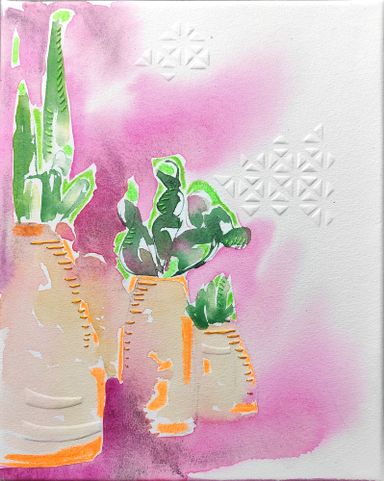 Aquarelle représentant un Ensemble de pots en terre cuite, avec des catus et des couleurs fluo 