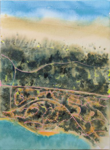Aquarelle avec broderie vert-bleu pour l'océan
