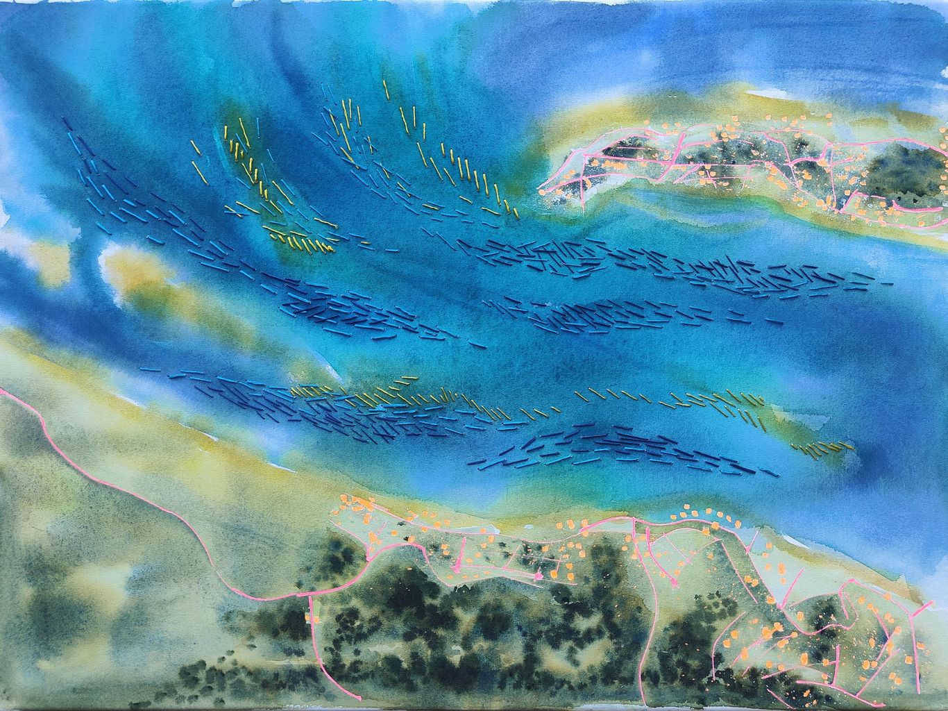 Œuvre contemporaine “Courants et marée”, aquarelle et broderie sur papier, représentant un paysage abstrait inspiré des mouvements d’eau et 