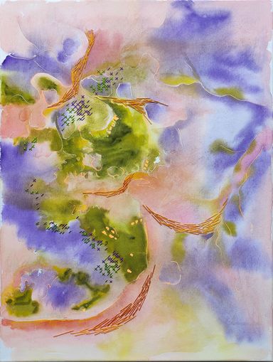 Aquarelle violette et orange qui représente les courants, avec des points de broderie.