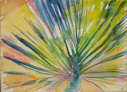 feuille de palmier en gros blan avec broderie et couleur fluo sur fond aquerelle