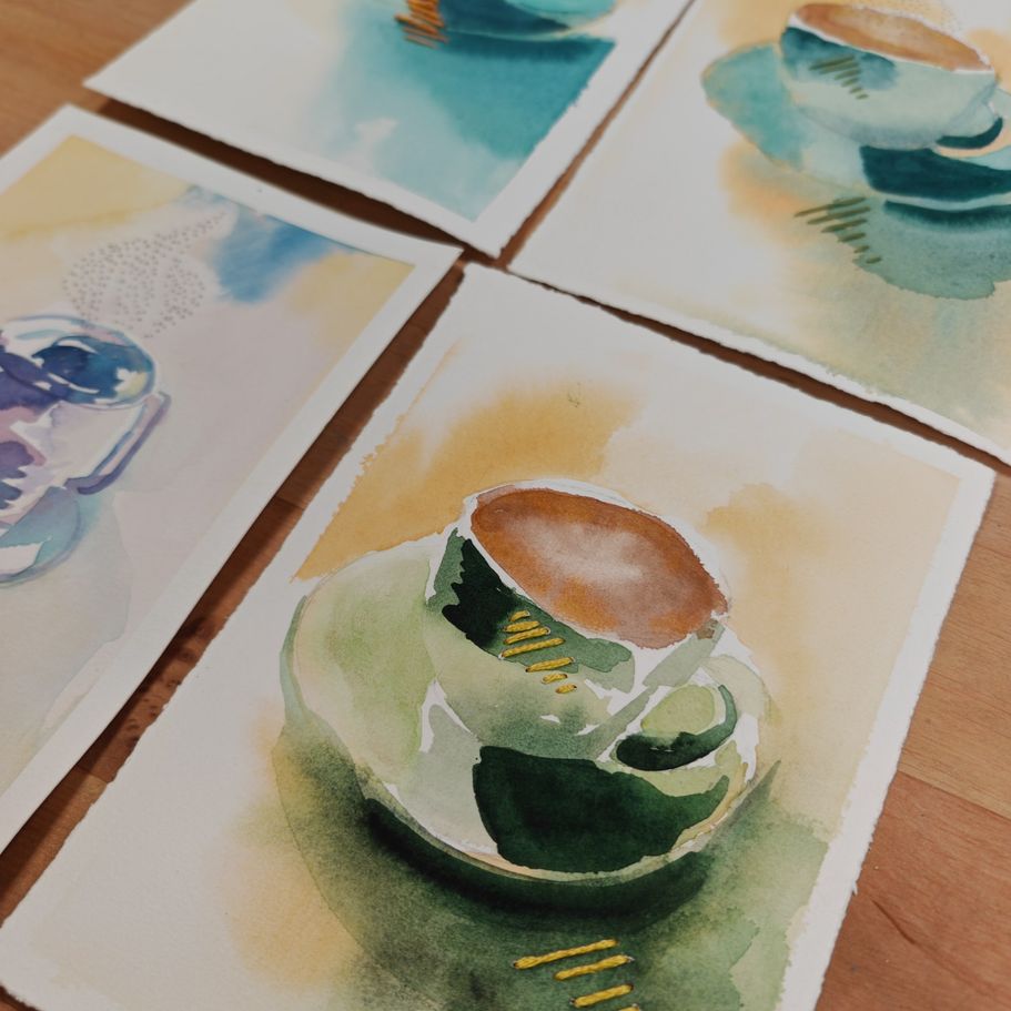 Aquarelles réalisées par les élèves d’un atelier d’aquarelle et broderie à Pessac