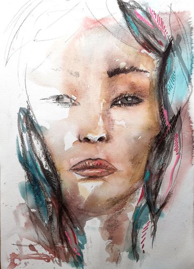 Portait feuilles bleu et rose autour du visage à l'aquarelle